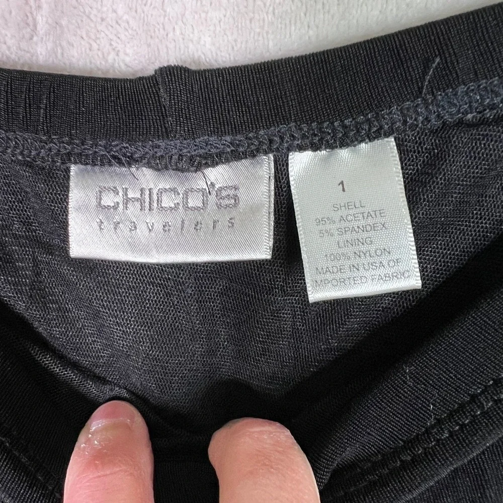 Chico's Travelers Black Asymmetrical Mesh Trim Midi Skirt Women's Size 1 (M)